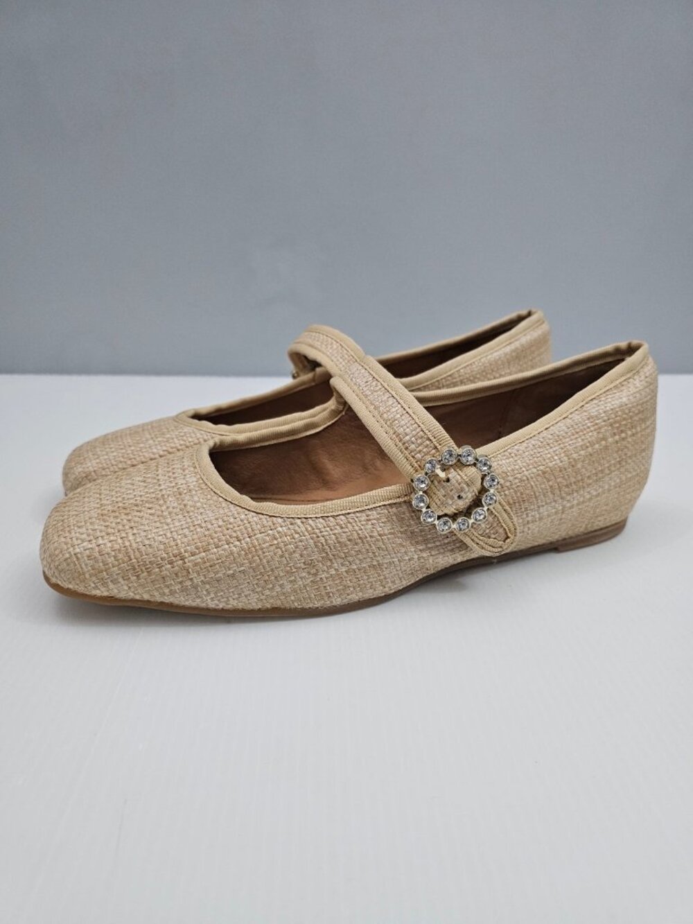 Sofft Peyton Mary Jane Ballet Flats Womens 9 Natural Woven Straw Rhinestone